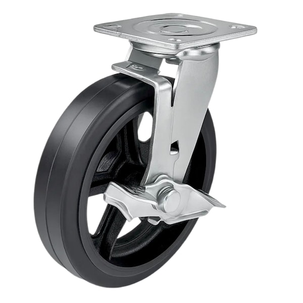 Hyw Products Heavy Duty Caster 8in Rubber on Cast Iron Wheel, Swivel with Brake 40-80S-A1-RC-TB - main