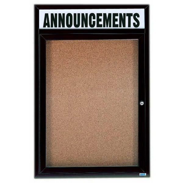 Aarco Enclosed Natural Pebble Grain Cork Bulletin Board w/ Header Bronze Anodized Al Frame, 24''Hx18''W DCC2418RHBA - main