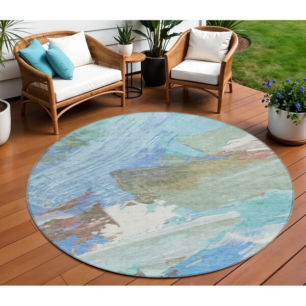 Homeroots 8' Sky Blue And Teal Blue Round Abstract Washable Indoor Outdoor Area Rug 611254 - main