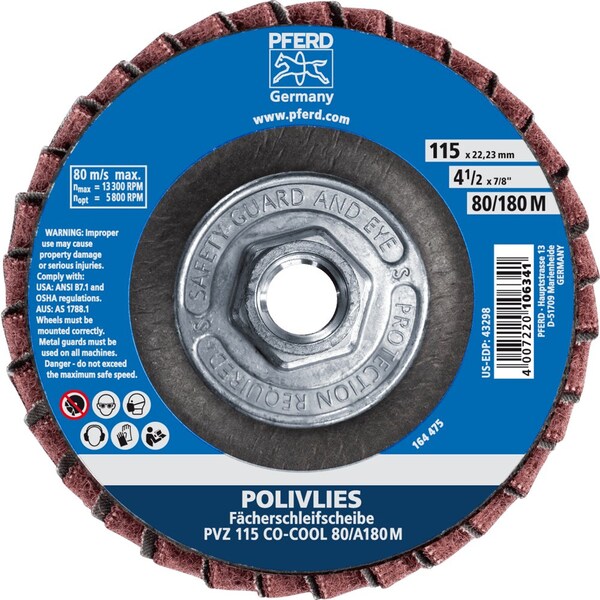 Pferd 4-1/2'' POLIVLIES CO-COOL Flap Disc - 5/8-11 Thread - 80 grit, Medium Grade 43310 - main