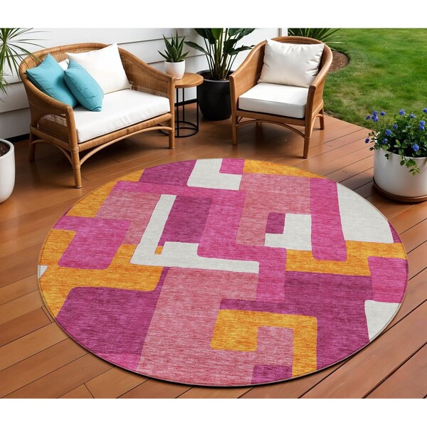 Homeroots 8' Pink Ivory And Orange Round Geometric Washable Indoor Outdoor Area Rug 613225 - main