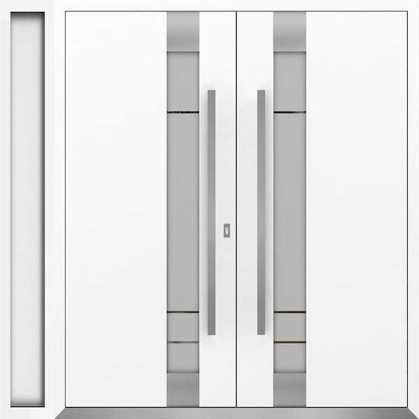 Vdomdoors Metal Double Doors Deux 1713 White Enamel Frosted Glass 1 Sidelight Entry Modern Painted 86x80 (W72 DEUX1713DEXD-BEM-W72+14xH80-LH-I - main
