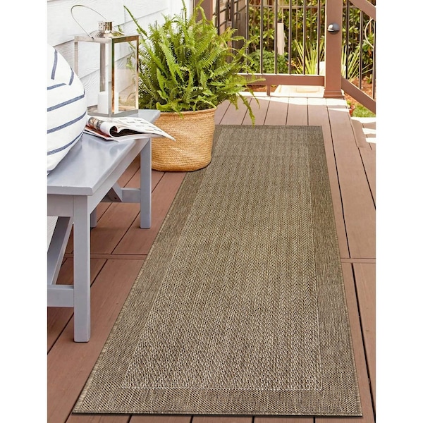 World Rug Gallery Contemporary Bordered Weather Resistant Reversible Indoor/Outdoor Rug 2 ft x 7 ft Beige WR111BEIGE2X7 - main