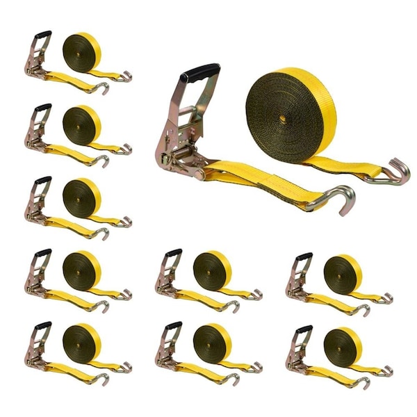 Mytee Products 2in x 40ft Yellow Ratchet Strap w/ J Hooks 3333 Lbs WLL Tie Down Cargo Strap, 10PK RS240WHx10 - main