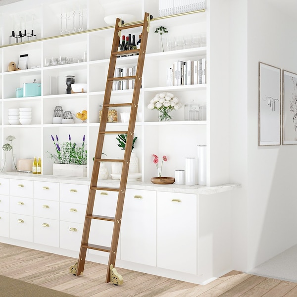Quiet Glide 8.92 ft. Walnut Sunburst Wheel Brushed Satin Brass Rolling Hook Removable Ladder, 12 ft. Rail QG.510-9WA-12-H.06B - main