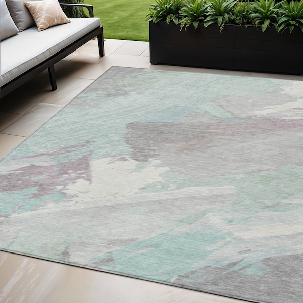 Homeroots 5' X 8' Blue Teal Blue And Gray Abstract Washable Indoor Outdoor Area Rug 611247 - main