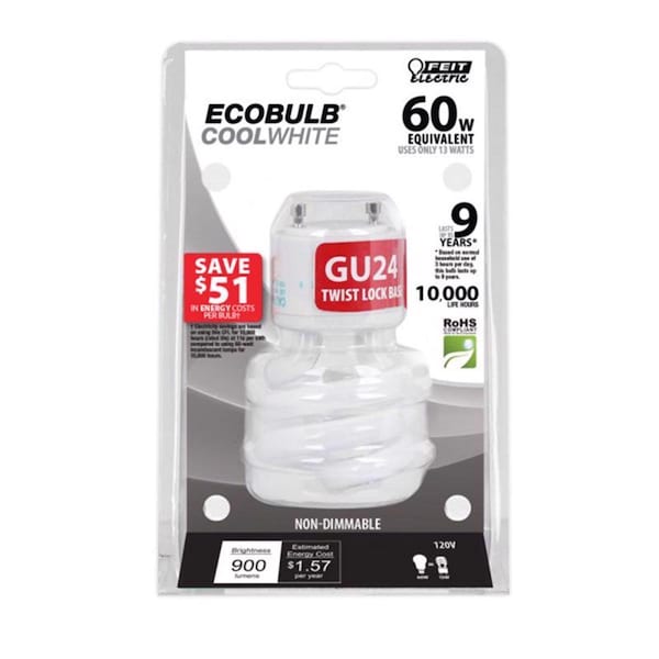 Feit Ecobulb 13 W G25 2.09 in. D X 3.66 in. L CFL Bulb Soft White Spiral 2700 K 1 pk BPESL13T/GU24 - main