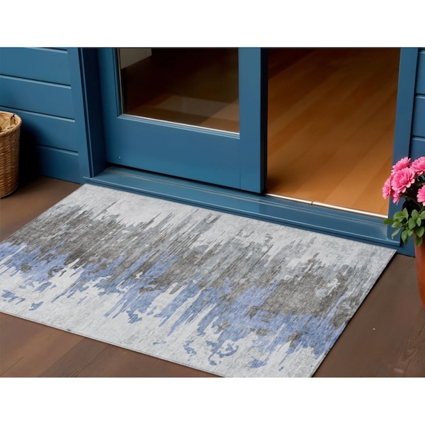 Homeroots 3' X 5' Blue Gray And Silver Abstract Washable Indoor Outdoor Area Rug 582380 - main