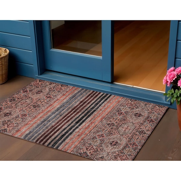 Homeroots 3' X 5' Rust Gray And Salmon Medallion Washable Indoor Outdoor Area Rug 615908 - main