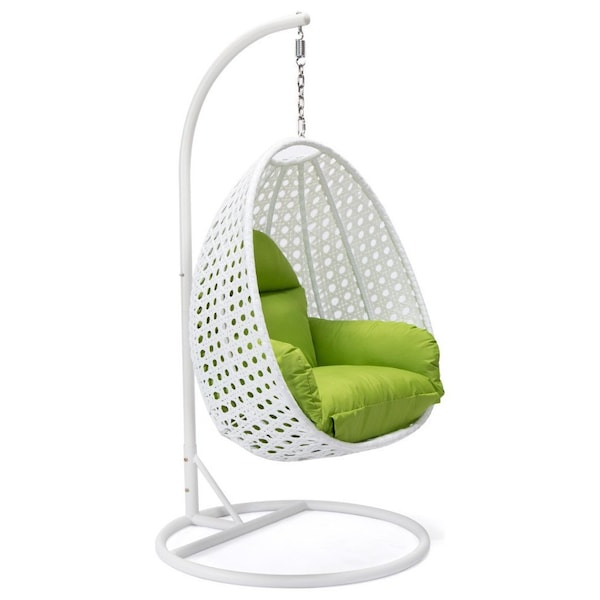 Leisuremod White Wicker Hanging Egg Swing Chair with Light Green Cushions ESCW-40LG - main