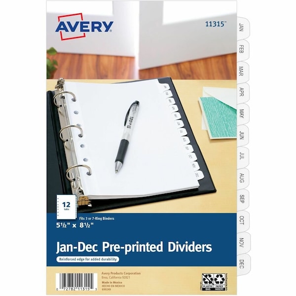 Avery Dennison Avery Preprinted Monthly Tab Divider, Printed Jan to Dec, 5.5"x8.5", 12 Tabs, White/Clear 11315 - main