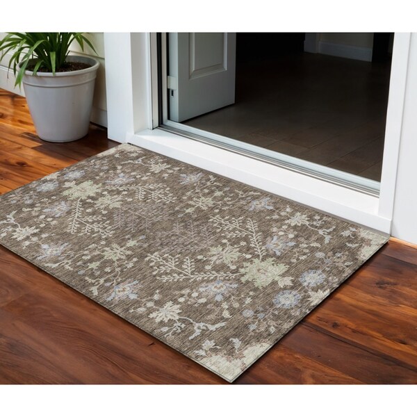 Homeroots 3' X 5' Brown Beige And Green Floral Washable Indoor Outdoor Area Rug 605449 - main