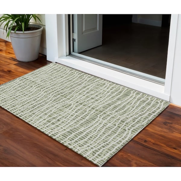 Homeroots 3' X 5' Green And Ivory Striped Washable Indoor Outdoor Area Rug 583420 - main