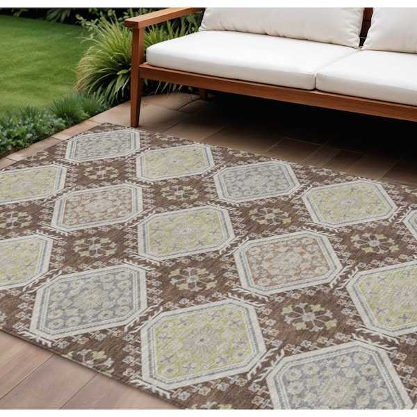 Homeroots 9' X 12' Chocolate And Beige Floral Washable Indoor Outdoor Area Rug 610749 - main