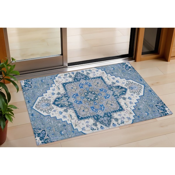 Homeroots 3' X 5' Blue Gray And Ivory Oriental Washable Indoor Outdoor Area Rug 600144 - main