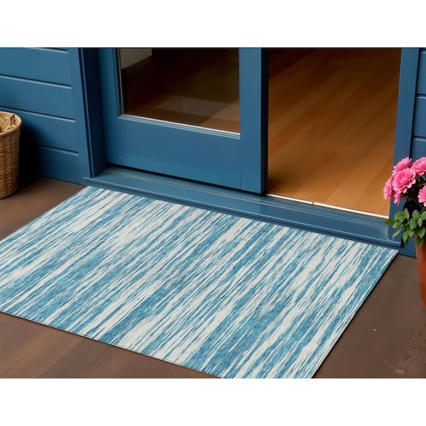 Homeroots 3' X 5' Teal Blue And Ivory Abstract Washable Indoor Outdoor Area Rug 613127 - main