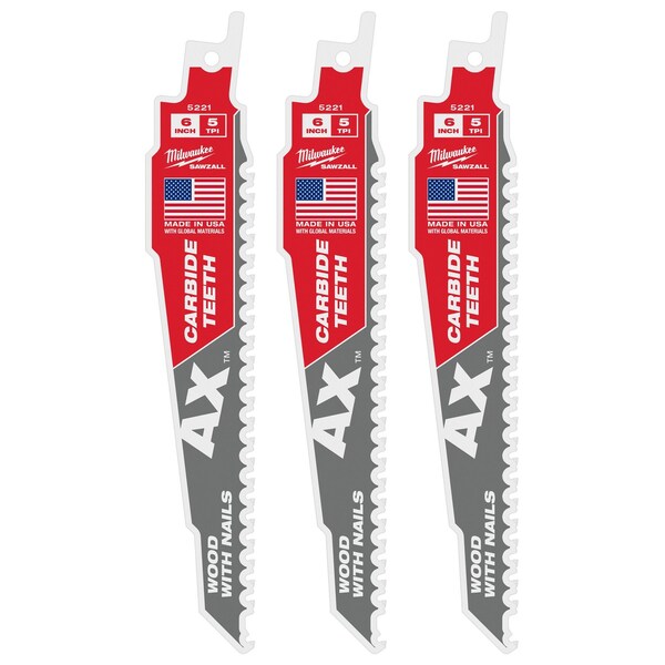 Milwaukee Tool 6 in x 5 TPI Reciprocating Saw Blade, 3 PK 48-00-5321 - main