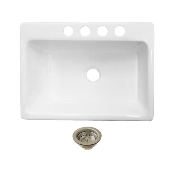Kingston Brass 36" Cast Iron Single Bowl Undermount Kitchen Sink, 4-Hole with Strainer, White/Brushed Nickel KGCKUS3622118 - main