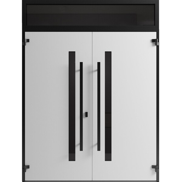 Vdomdoors Front Exterior Prehung Aluminum Double Doors Ronex0144 Grey Top Transom Mirrored Clear Glass Entry RONEX0144DEXD-GRE-W72xH96+12-LH-I - main