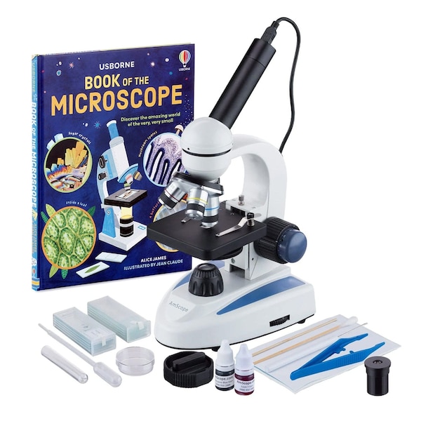 Amscope M158 Student Cordless Monocular Compound Microscope 40X-1000X w/Top & Bottom Lights, USB Digital Cam M158C-SP14-WM-E - main