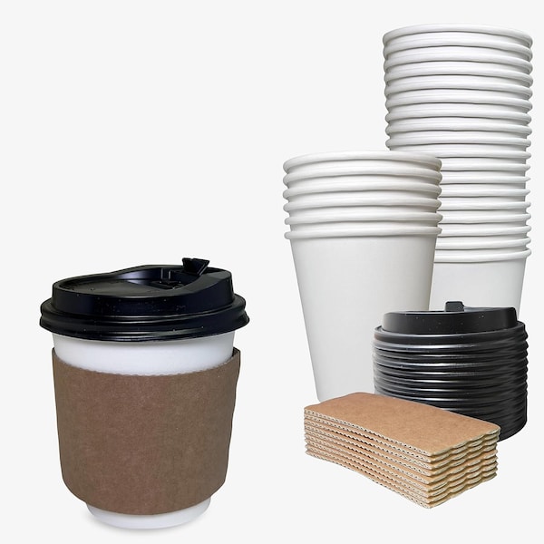 Ecoquality 12oz White Paper Coffee Cups with Black Dome Lids and Sleeves - For Home, Office, 75PK EQ12WHTPCBDLS-75 - main