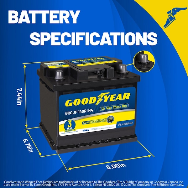 Goodyear 140R-H4-AGM BCI Group Size 140R 12V 50 AH, 80RC, 570 CCA Platinum series AGM Battery GY4165813 - main