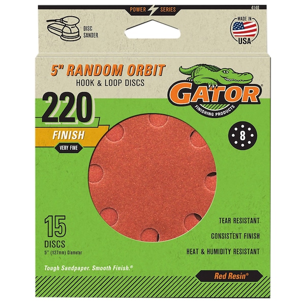 Gator Finishing Gator Grit Primal 5 in. Hook and Loop Sanding Discs, 220 Grit, Very Fine, 15PK 4140GA - main