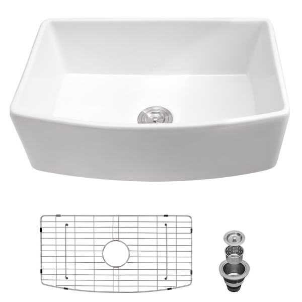Wrightmaster 30 in. Curved Apron-Front Single Bowl White Ceramic Kitchen Sink w/Bottom Grids and Basket Strainer ZOR-AW301910DS - main