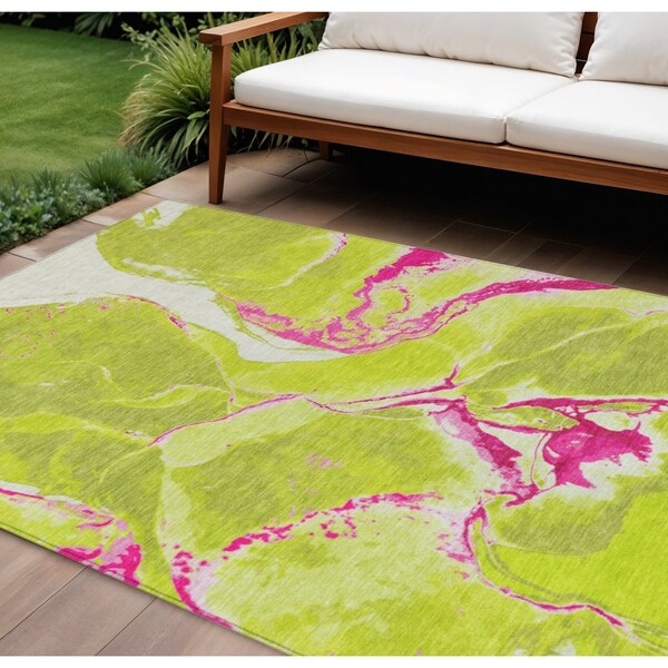 Homeroots 8' X 10' Lime Green Neon Pink And Ivory Abstract Washable Indoor Outdoor Area Rug 597785 - main