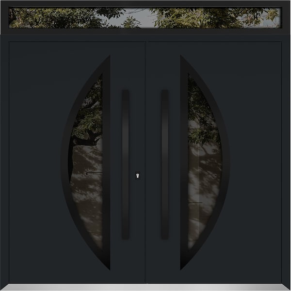 Vdomdoors Metal Double Doors Deux 6501 Black Enamel Opaque Black Glass Top Transom Entry Modern Painted (W72x DEUX6501DEXD-BLK-W72xH80+14-LH-O - main