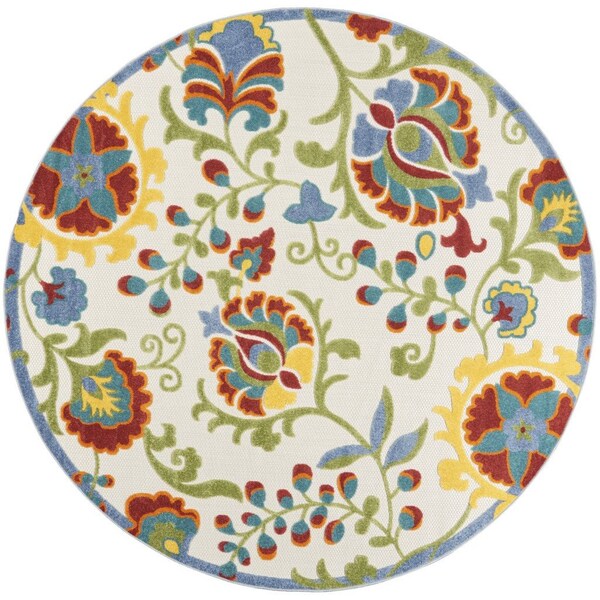 Homeroots 8' Ivory Green Red And Yellow Round Floral Indoor Outdoor Area Rug 546674 - main