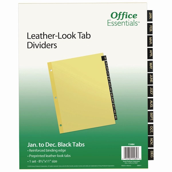 Office Essentials Preprinted Black Leather Tab Dividers, 12-Tab, Jan. to Dec., 11 x 8.5, Buff, 1 Set 11484 - main