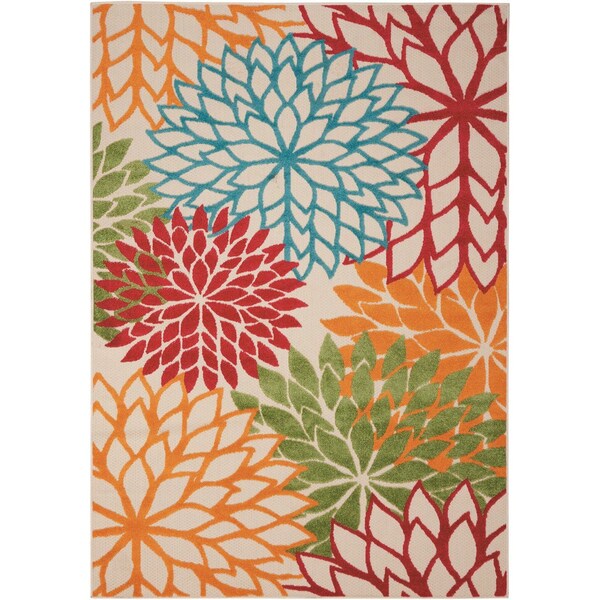 Homeroots 5' X 8' Ivory Green Blue Red And Orange Floral Indoor Outdoor Area Rug 546670 - main