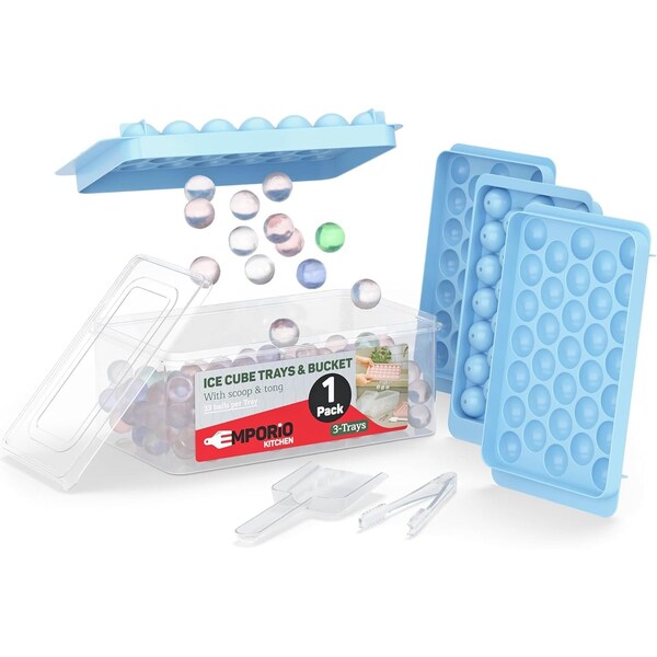 Emporio Kitchen Round Ice Cube Tray Set Pack of 1, BPA-Free, 33 Ice Balls per Tray, Lid & Tongs, Blue EMPICET98.6 - main