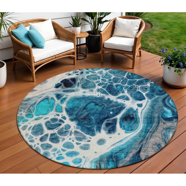 Homeroots 8' Teal Blue And Navy Blue Round Nautical Washable Indoor Outdoor Area Rug 581511 - main
