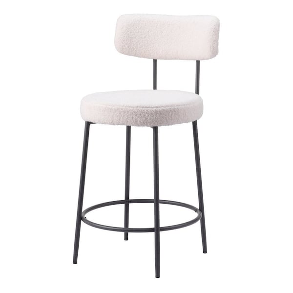 Homeroots Set of Two 25" Ivory and Black Shearling and Steel Low Back Counter Height Bar Chairs 555722 - main
