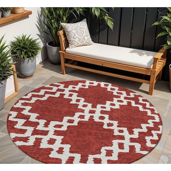 Homeroots 8' Brick Red And Ivory Round Geometric Washable Indoor Outdoor Area Rug 593740 - main