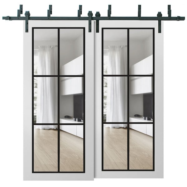 Sartodoors Sliding Closet Clear Glass Barn Bypass Doors, Lucia 2366 White Silk and Aluminum Strips, Sturdy 6. LUCIA2366BBB-WS-48 x 96 (2* 24x96) - main