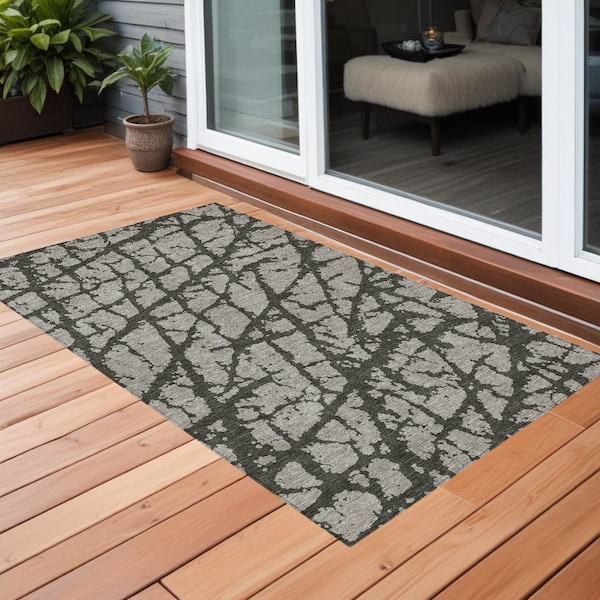 Homeroots 2' X 3' Gray and Black Abstract Washable Non Skid Indoor Outdoor Area Rug 559271 - main