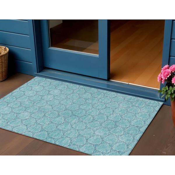Homeroots 3' X 5' Teal Blue And Navy Blue Geometric Washable Indoor Outdoor Area Rug 613590 - main