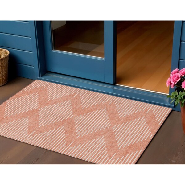 Homeroots 3' X 5' Salmon And Ivory Geometric Washable Indoor Outdoor Area Rug 598616 - main
