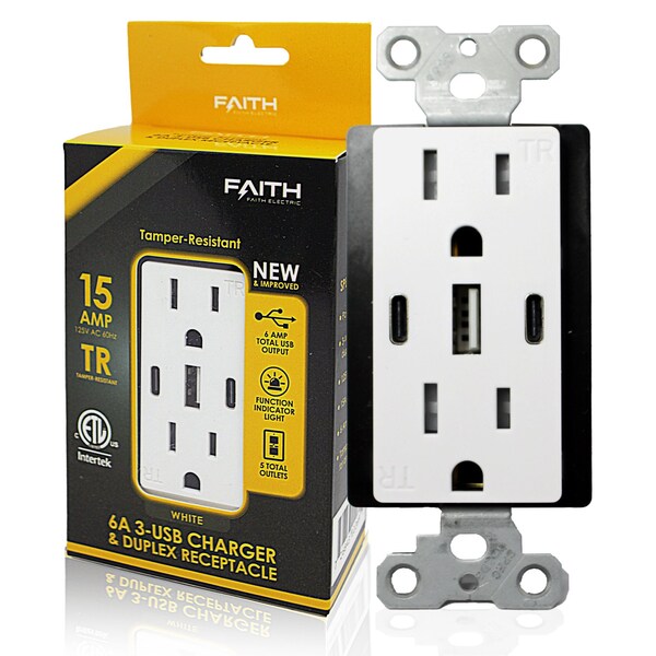 Faith USB Receptacle Outlet White, 15A 30-Watt with 2 Type C, 1 Type A USB Charger UC2A1-15A6A - main