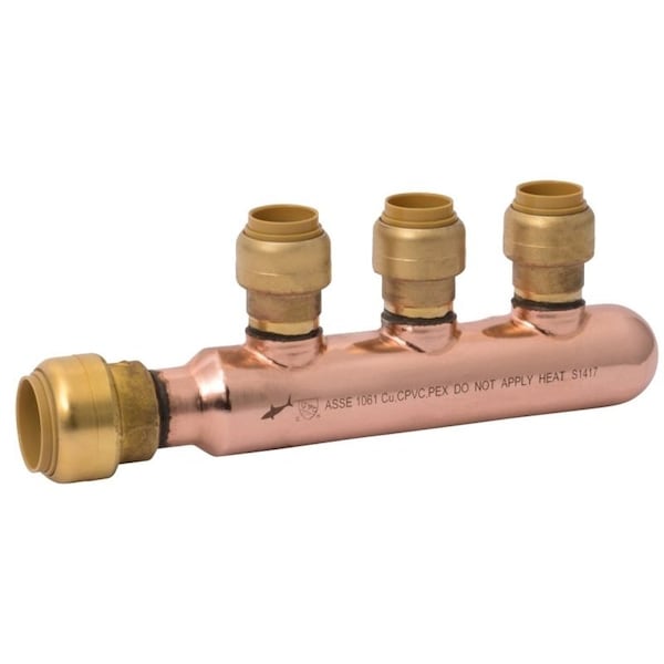 Sharkbite Closed Multi-Port Manifold Tee, 6.97 in OAL, 3/4 in Inlet, 3-Outlet, 1/2 in Outlet, DZR Brass 25553LF - main
