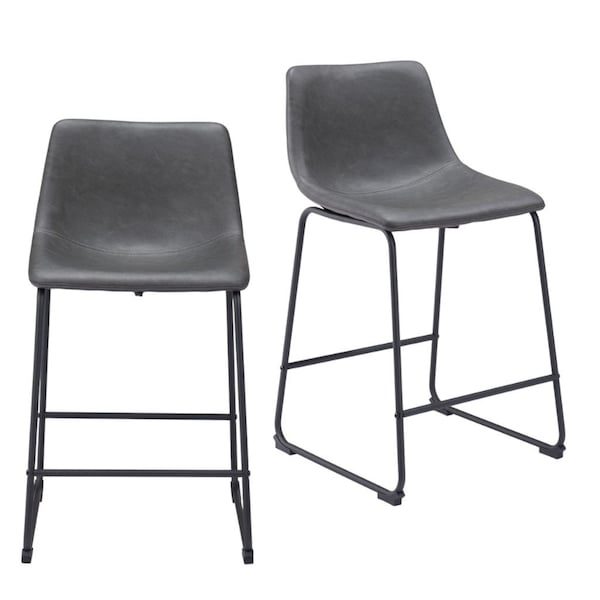 Homeroots Set of Two 24" Charcoal and Black Faux Leather and Steel Counter Height Bar Chairs, 2PK 555730 - main