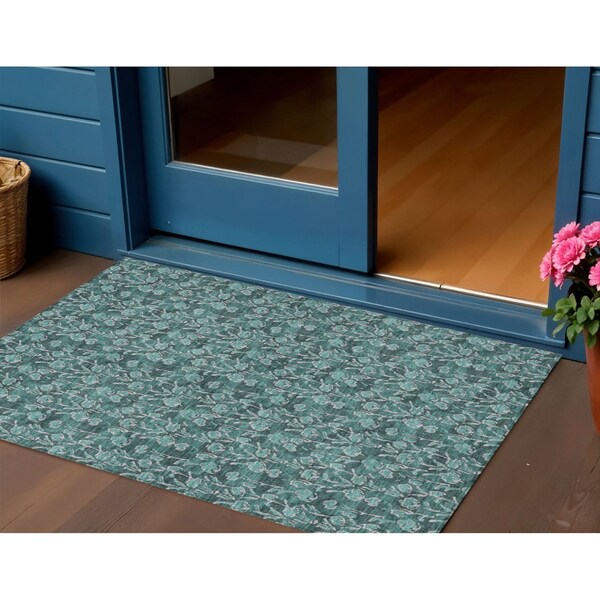 Homeroots 3' X 5' Teal Blue Aqua And Ivory Floral Washable Indoor Outdoor Area Rug 581924 - main