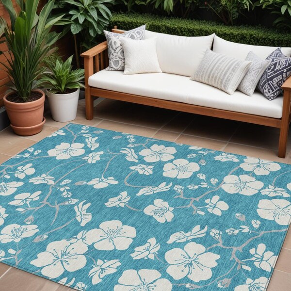 Homeroots 9' X 12' Turquoise Ivory And Gray Floral Washable Indoor Outdoor Area Rug 599932 - main
