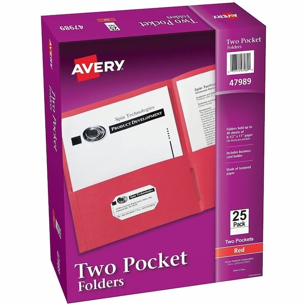 Avery reg Letter Pocket Folder, Red, 125PK AVE47989CT - main