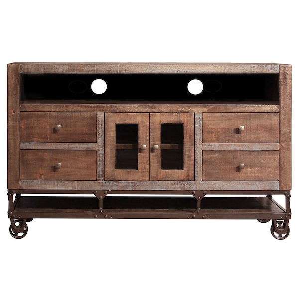 Homeroots 62" Brown Solid Wood Cabinet Enclosed Storage Distressed TV Stand 528715 - main