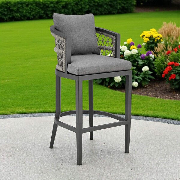 Homeroots 40" Gray Metal Outdoor Bar Height chair with Footrest 571175 - main