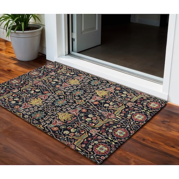 Homeroots 3' X 5' Black Red And Gold Floral Washable Indoor Outdoor Area Rug 604635 - main